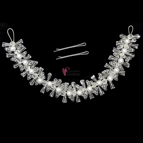 Tiara Ti034KK Argintie pentru mirese cu cristale si perle + 2 agrafe